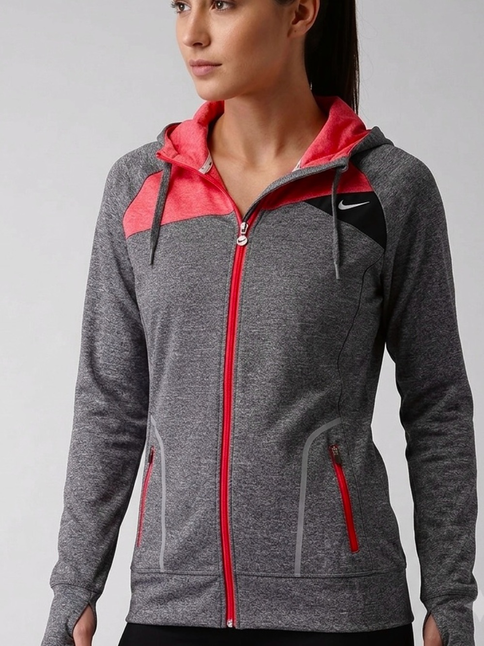 Nike Heathered Grey & Pink Full Zip Athletic Hoodie Size XL